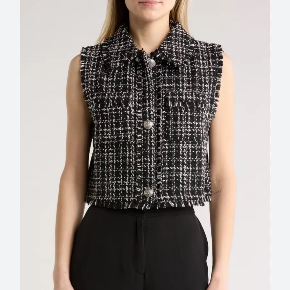 Laundry by Shelli Segal Tweed Cropped Vest Frayed Design, Black /White, Sz S NWT - Picture 2 of 13